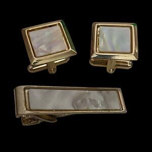 Vintage Mother of Pearl Cufflinks and Tie Clip Set Gold tone Mad Men Office